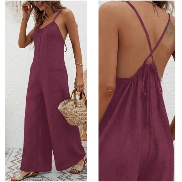 Solid Criss cross Tie Pockets Wide leg Jumpsuit - Picture 7 of 9